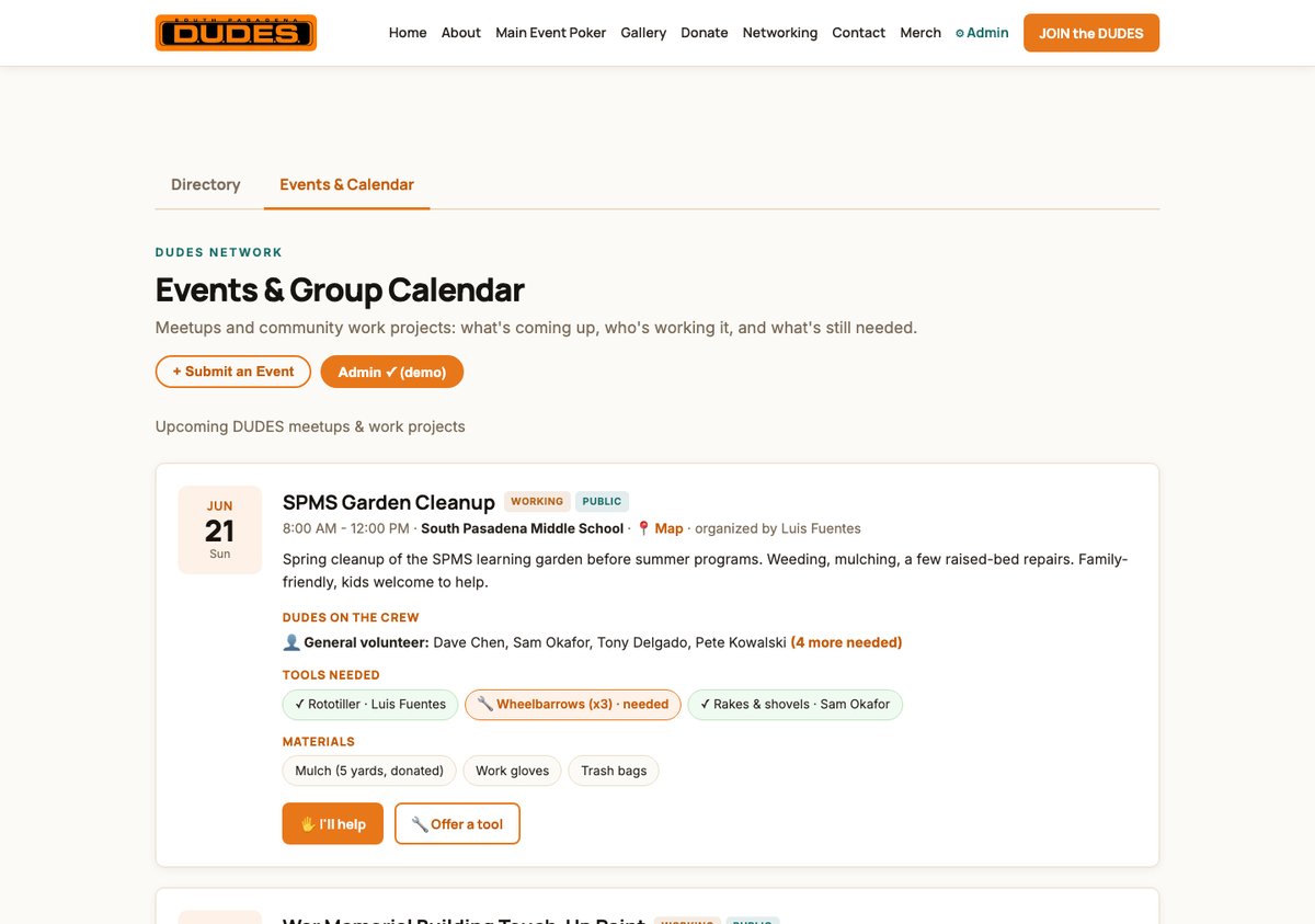 The D.U.D.E.S. hub events and RSVPs page