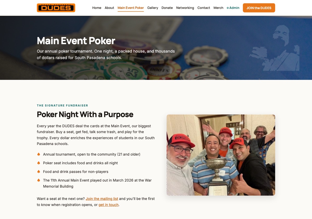 The Main Event page on the South Pasadena D.U.D.E.S. hub