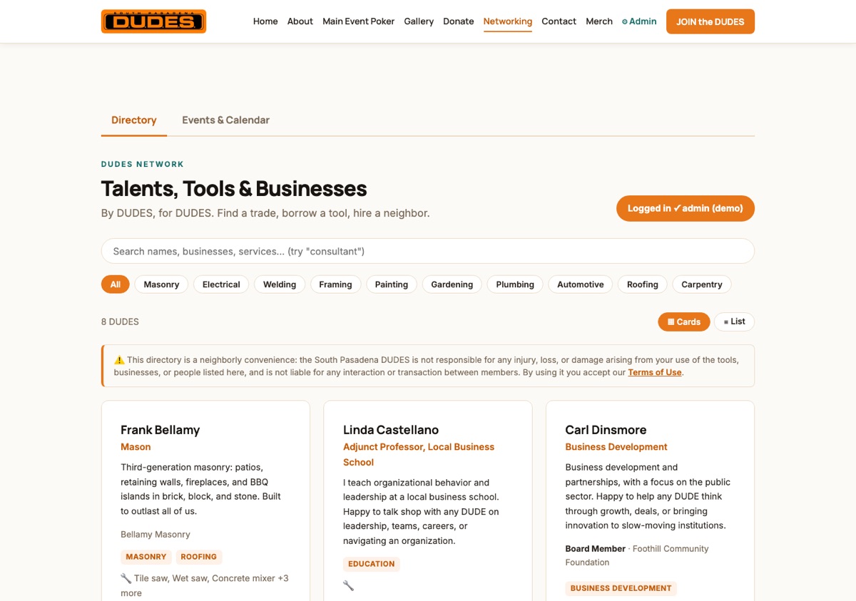 The D.U.D.E.S. hub member networking directory